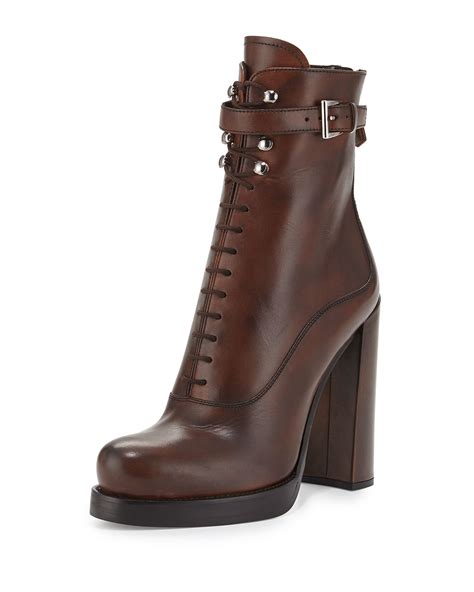 prada leather/neoprene lace-up booties|prada chunky heel ankle boots.